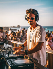 Handsome dj DJ mixing tracks on a booth in a beach club near the sea in Mykonos island. An amazing  atmosphere with a lof of people dancing to electronic music under the sun - obrazy, fototapety, plakaty
