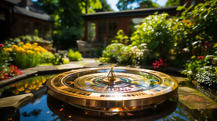 A sundial in the middle of a sunny garden - obrazy, fototapety, plakaty
