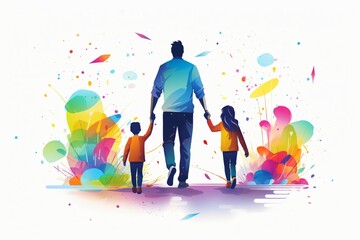 Graphic illustration of a father walking and holding hands of their kid - obrazy, fototapety, plakaty