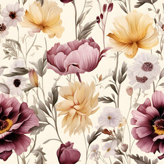 A seamless pattern of colorful flowers in a vintage style