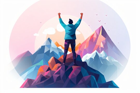 Graphic illustration of a successful man at the top of a hill