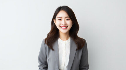 グレーのスーツ姿で笑うロングヘアの日本人女性のポートレート