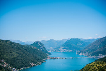 Naklejka na ściany i meble top view of Lugano lake Switzerland