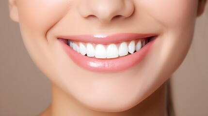 Obraz premium Perfect healthy teeth smile of young woman. Teeth whitening. Dental clinic patient. Image symbolizes oral care dentistry, stomatology. Dentistry image. Concept of advertising dentist and facial care