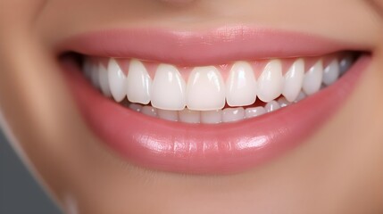 Perfect healthy teeth smile of young woman. Teeth whitening. Dental clinic patient. Image symbolizes oral care dentistry, stomatology. Dentistry image. Concept of advertising dentist and facial care
