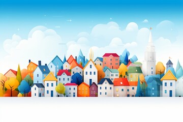 Graphic illustration of a colorful city or village - obrazy, fototapety, plakaty