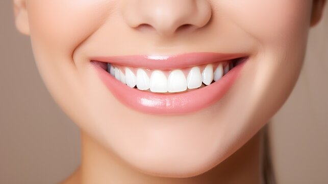 Perfect healthy teeth smile of young woman. Teeth whitening. Dental clinic patient. Image symbolizes oral care dentistry, stomatology. Dentistry image. Concept of advertising dentist and facial care