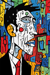 Colorful painting of a horrified Caucasian man on a city street. Artistic portrait of a guy in pain crying. Mental health issues concept