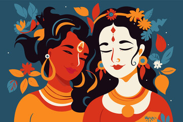 Colorful portrait of Hindu gods Krishna and Radha. Young Indian couple on a date. Smiling happy faces of a man and a woman spending time together. Editable vector illustration