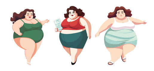 Isolated illustration of 3 confident chubby women wearing sportswear. Group of curvy Caucasian ladies in underwear