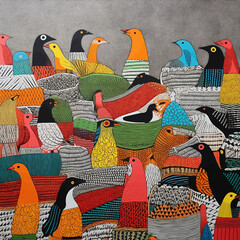 Lots of birds stealing grain at the outdoor market. Flock of cute birds eating food at a bazaar. Colorful Gond art