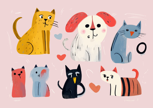 Many different funny cats and one dog in a childrens gouache drawing. Group of cute pets in a simple painting made by a child