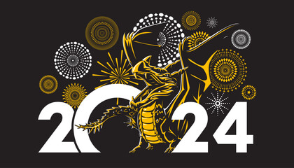 Happy New Year 2024 design with dragon on fireworks background. New year of the dragon zodiac sign.