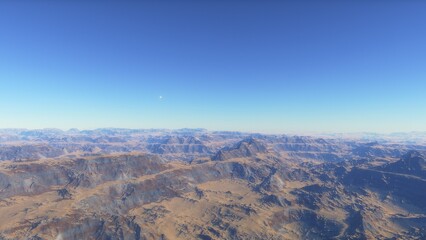 Mars like red planet, with arid landscape, rocky hills and mountains, for space exploration and science fiction backgrounds.
