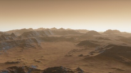 Mars like red planet, with arid landscape, rocky hills and mountains, for space exploration and science fiction backgrounds.

