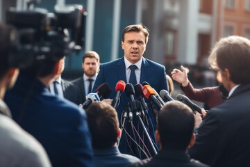 Caucasian politician speaks to many reporters making regular loud statements. He promises a better life if he is elected. Political debates and campaign promises.