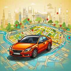 A yellow taxi rides on a geolocation map with the JPS function. Concept: an illustration for the work of taxi drivers and companies transporting people around the city.
