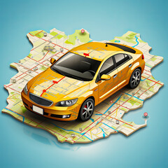 A yellow taxi rides on a geolocation map with the JPS function. Concept: an illustration for the work of taxi drivers and companies transporting people around the city.
