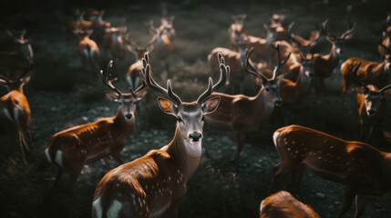 Herd of deer in the wild. Reportage with shooting a large number of deer. Portrait of a deer in a close-up.