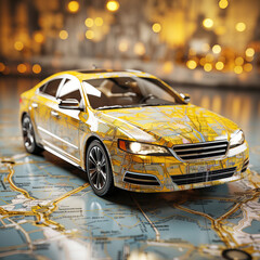 A yellow taxi rides on a geolocation map with the JPS function. Concept: an illustration for the...