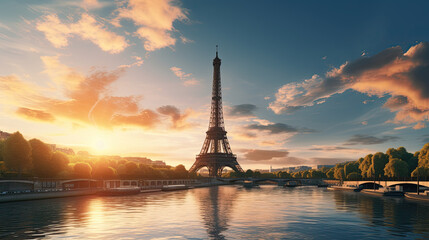Fototapeta na wymiar Eiffel Tower against a sunset sky, generated AI