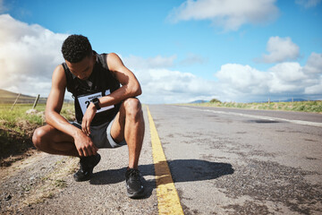 Tired, runner or man with fitness, sports or exhausted with workout, challenge and training....
