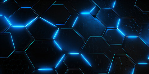 Abstract technology background with blue hexagons.
