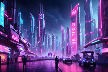 A futuristic, neon-lit cityscape celebrating the start of the New Year 2024. Generative AI