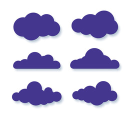 Paper clouds. Cartoon rainy sky. White paper cut decorative cloudy forms. Blue fluffy shapes. Origami cumulus. Weather forecast. Digital computing signs. Vector cloudscape elements set