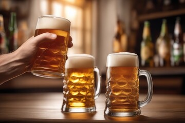 Fototapeta na wymiar glasses of beers on wooden table
