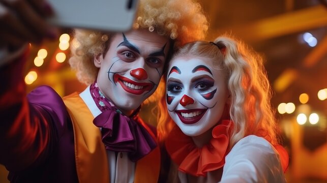 Upbeat wonderful blonde witch and terrifying clown in halloween ensembles making selfie on smartphone separated over orange