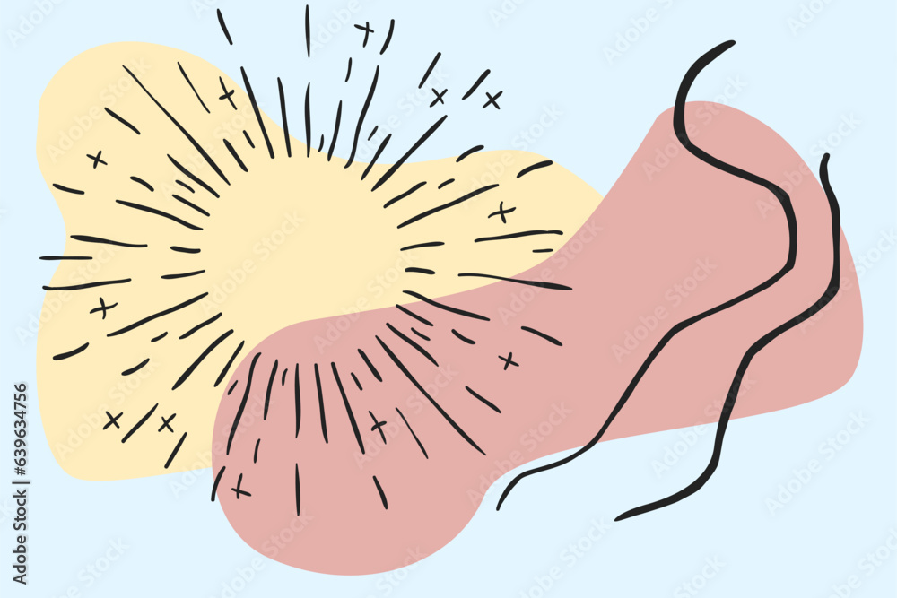 Poster Hand drawn card. Abstract shapes. Outline elements. Circle flash. Pastel color curve spots. Uneven stains. Radial light rays simple sketch. Doodle background. Vector collage illustration