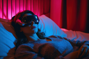 Psilocybin psychedelic therapy as treatment of mental health challenges. A woman with a mask over her eyes lying in bed, neon lighting. Psilocybin psychotropic psilocybin therapy session. - obrazy, fototapety, plakaty