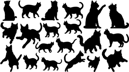 Black cats silhouettes set for halloween and other. Cat shapes isolated on white background. Stock vector.