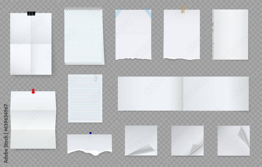 Poster paper notes. school notice board, memo sticky pad, pin, clip page, notepad list with pushpin and sti