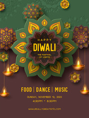 Diwali festival flyer or poster with paper cut style of Indian Rangoli and hanging diya - oil lamp. Green and brown colors. Vector illustration.