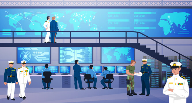 Control center. Military command office. Data security in future. Operation surveillance. Computers and server. Mission management. Officers and workers. Vector design illustration