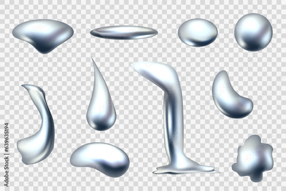 Poster Metal droplets. 3d chrome drops. Mercury liquid flow. Silver blob texture for shapes. Metallic balls. Quicksilver drips. Abstract melt splash. Foil spheres. Vector glossy elements set