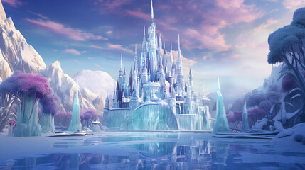ice castle standing tall in a winter wonderland, crystal - like structures, shimmering under northern lights, vibrant palette of blues, greens and purples
