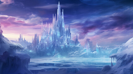 Naklejka premium ice castle standing tall in a winter wonderland, crystal - like structures, shimmering under northern lights, vibrant palette of blues, greens and purples