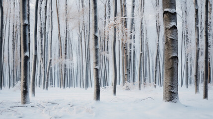 a forest blanketed in heavy snow, the stark contrast of dark tree trunks against the white