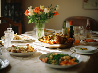 a Sunday family dinner, the table is set with wholesome food, embracing the charm of slow, meaningful conversations