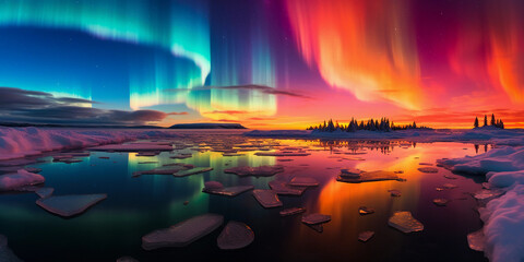 An ice - covered lake under the Northern Lights, radiant colors dancing in the clear night sky, ultra - realistic