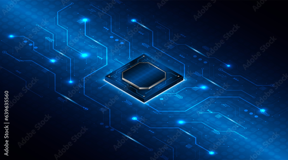 Leinwandbilder Microchip processor circuit board technology on dark blue background. Information Processing Concept. Circuit board hi-tech technology background. vector illustration
