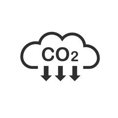 Carbon dioxide emissions. Black cloud and co2 reduction icon. Air pollution symbol. Vector illustration isolated on white background.