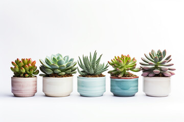 Beatiful succulent plants in pots on white background
