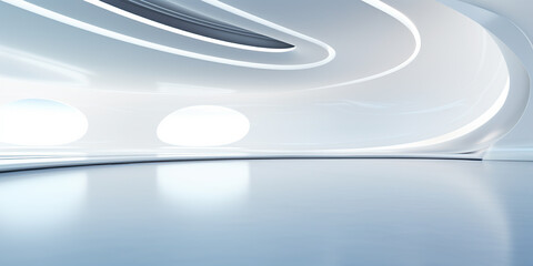 Empty space inside futuristic room, showroom, spaceship, hall or studio in perspective view. Include ceiling, hidden light, white floor. Modern background design of future, technology. - obrazy, fototapety, plakaty