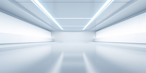 Empty space inside futuristic room, showroom, spaceship, hall or studio in perspective view. Include ceiling, hidden light, white floor. Modern background design of future, technology.