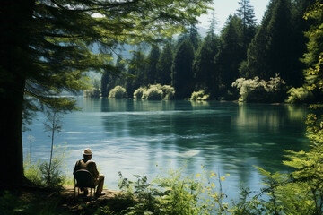 an old man peacefully fishing by a tranquil, crystal - clear mountain lake, surrounded by lush greenery, dappled light filtering through the trees
