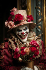 Creepy Clown with a Bouquet of Flowers